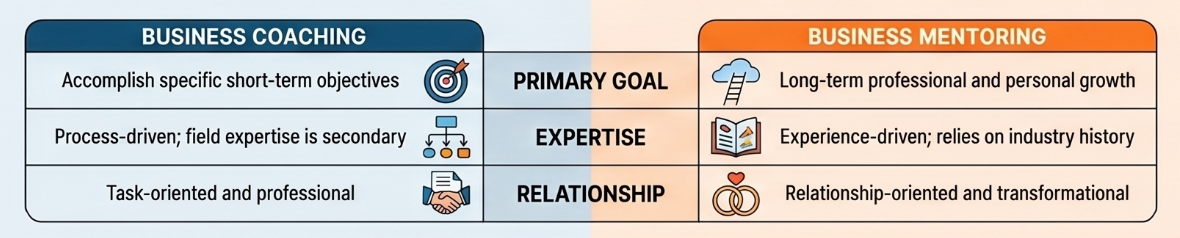 Comparison chart showing the differences between business coaching and business mentoring. The left side, labelled “Business Coaching,” highlights short term objectives, process driven expertise, and task oriented professional relationships. The right side, labelled “Business Mentoring,” highlights long term professional and personal growth, experience driven expertise, and relationship oriented transformational support. The centre column compares the categories of primary goal, expertise, and relationship.